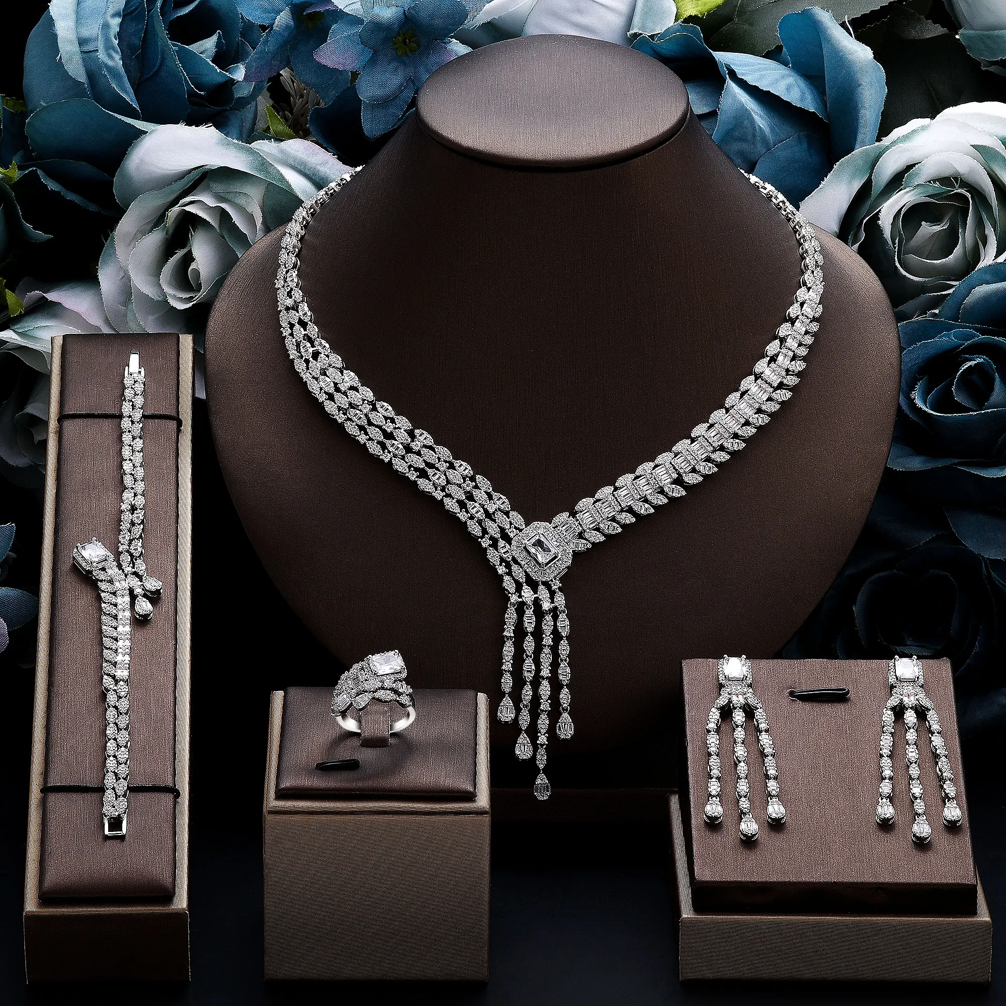 

Luxury Women Jewelry Elegant Look Bridal CZ Necklace Earrings Bracelet Ring 4 Pieces Large Bridal Wedding Jewelry Set