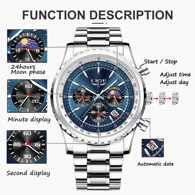 LIGE Top Brand Men\'s Watches  Luxury Men Wrist Watch Full Steel  Quartz Watch Sports Waterproof Male Clock Big Relogio Masculino