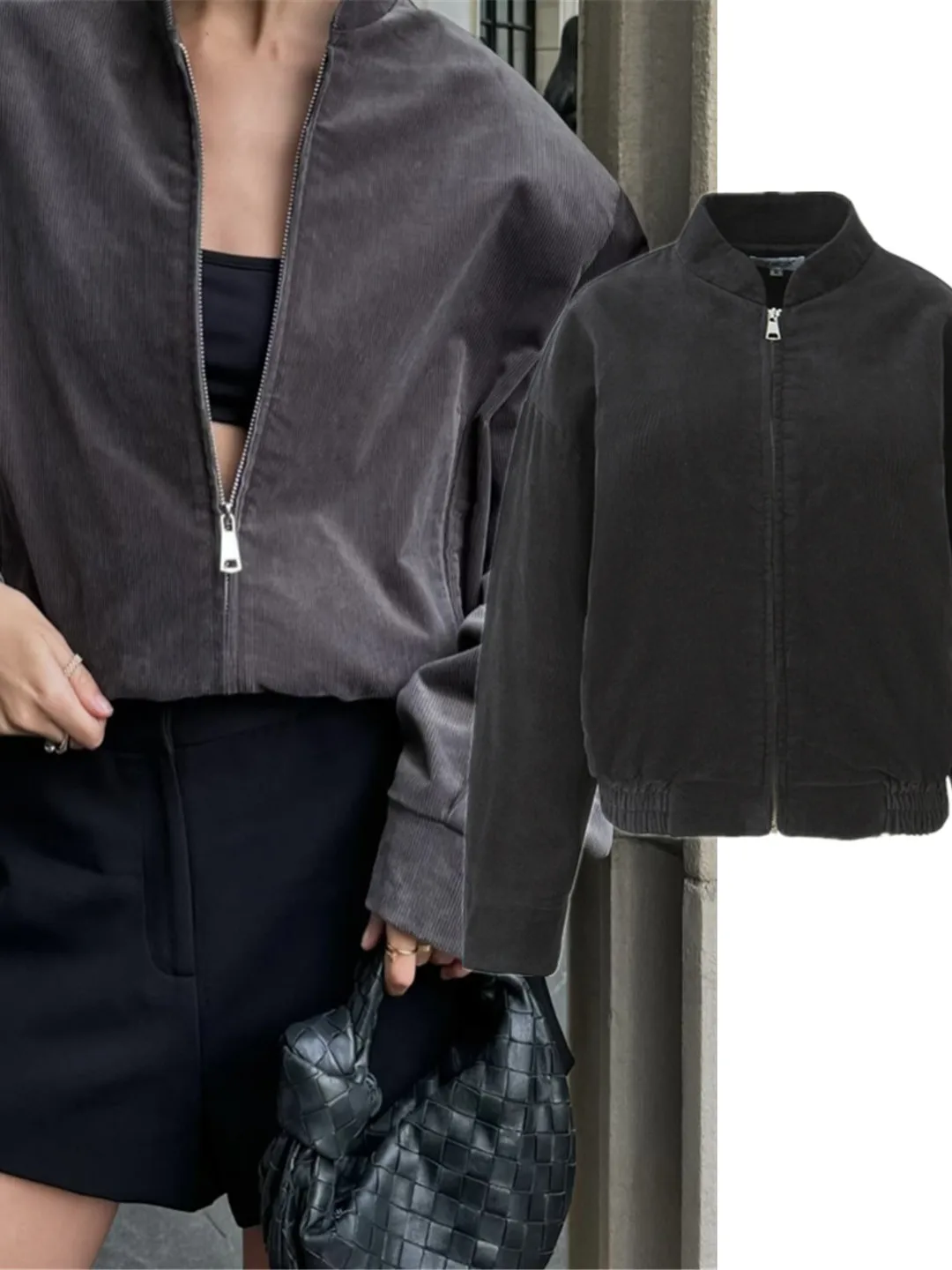 アメリカンレトロコーデュロイ野球襟カジュアルジッパージャケットスリムフィットまたはアウターウェアスタンドカラートップ女性用