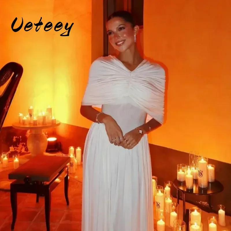 

Ueteey White Cloak Sleeve Long Summer Dress for Women Chic Ruched Slim Evening Party Dresses Elegant Beach Holiday Dress 2025