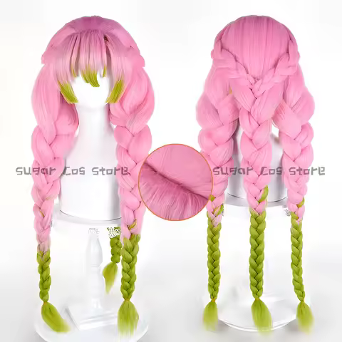 Kanroji Mitsuri Anime Cosplay Wig 90cm Pink Green Thickened Braided For Love Hashira Hair Halloween Carnival Party Props Women