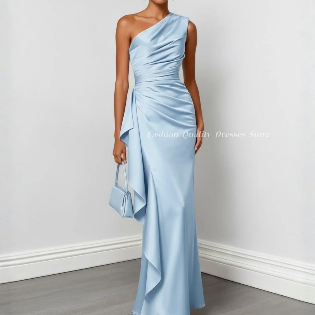 Elegant Evening Dress Light Blue One Shoulder Satin Formal Long Mermaid Gown for Women Prom Wedding Guest Customized