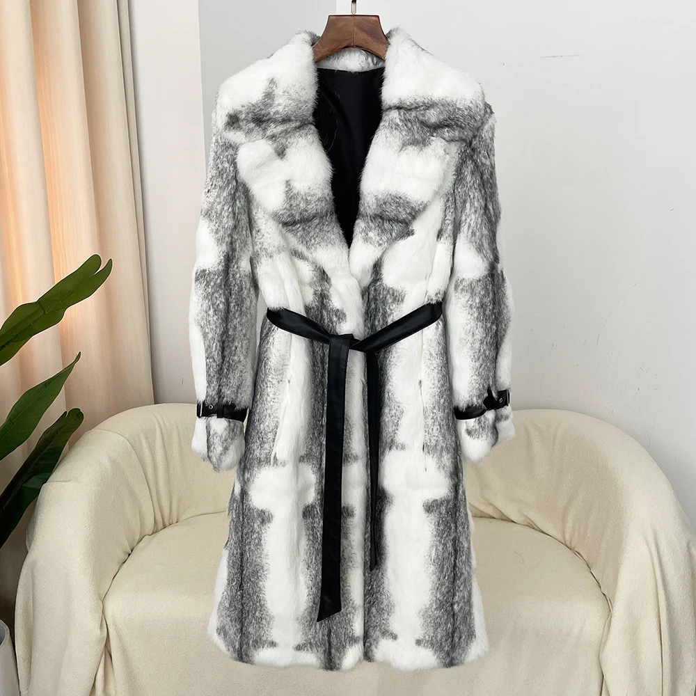 Rabbit Fur Coat Over Knee Whole Leather Imported Women Fashion Leopard Print Coat Thickened Warm Fur Integrated Autumn Winter