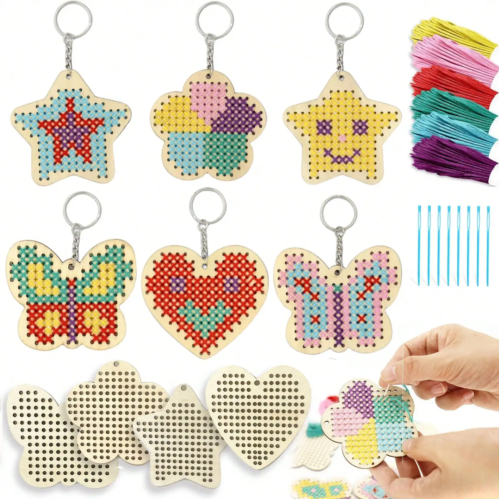 Kits de Bordado em Madeira para Crianças, DIY, Chaveiros de Borboleta, Flor, Estrela, Coração, Presentes de Artesanato Seguro para Meninas Iniciantes