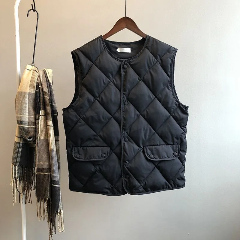 Women Autumn Winter Quilted Cotton Vest Sleeveless O-neck Loose Padded Waistvest Single Breasted Casual Ultralight Portable Vest