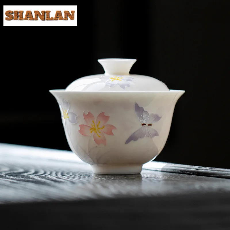 

100ml Hand-painted Cherry Weaving Butterfly Gaiwan Vintage Tea Tureen Tea Bowl With Lid Kit Tea Maker Cover Bowl Cha Ornaments