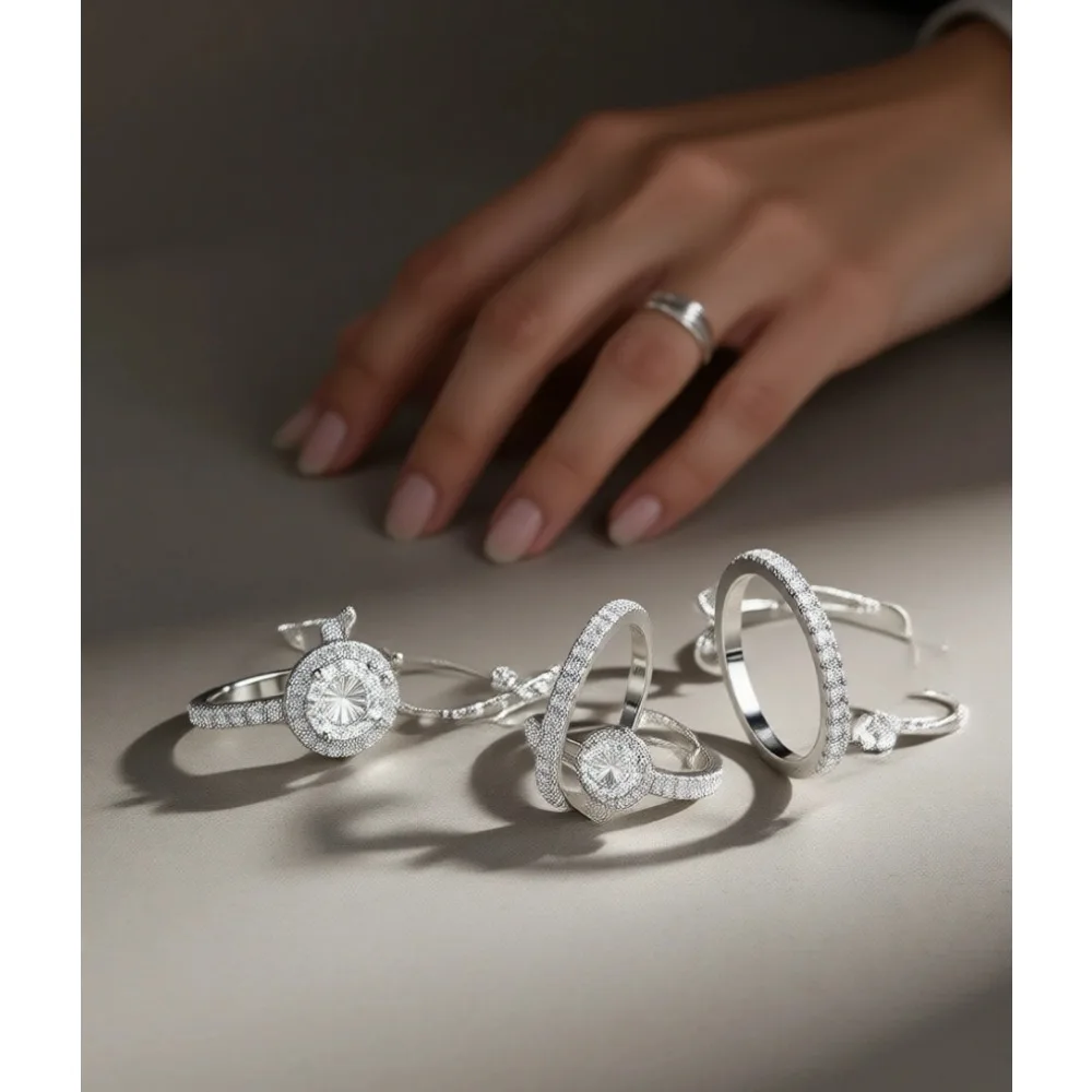 Anel de Eternidade Banhado a Ouro 18K com Zircônia Cúbica Redonda e Halo Empilhável para Noivado e Compromisso Feminino