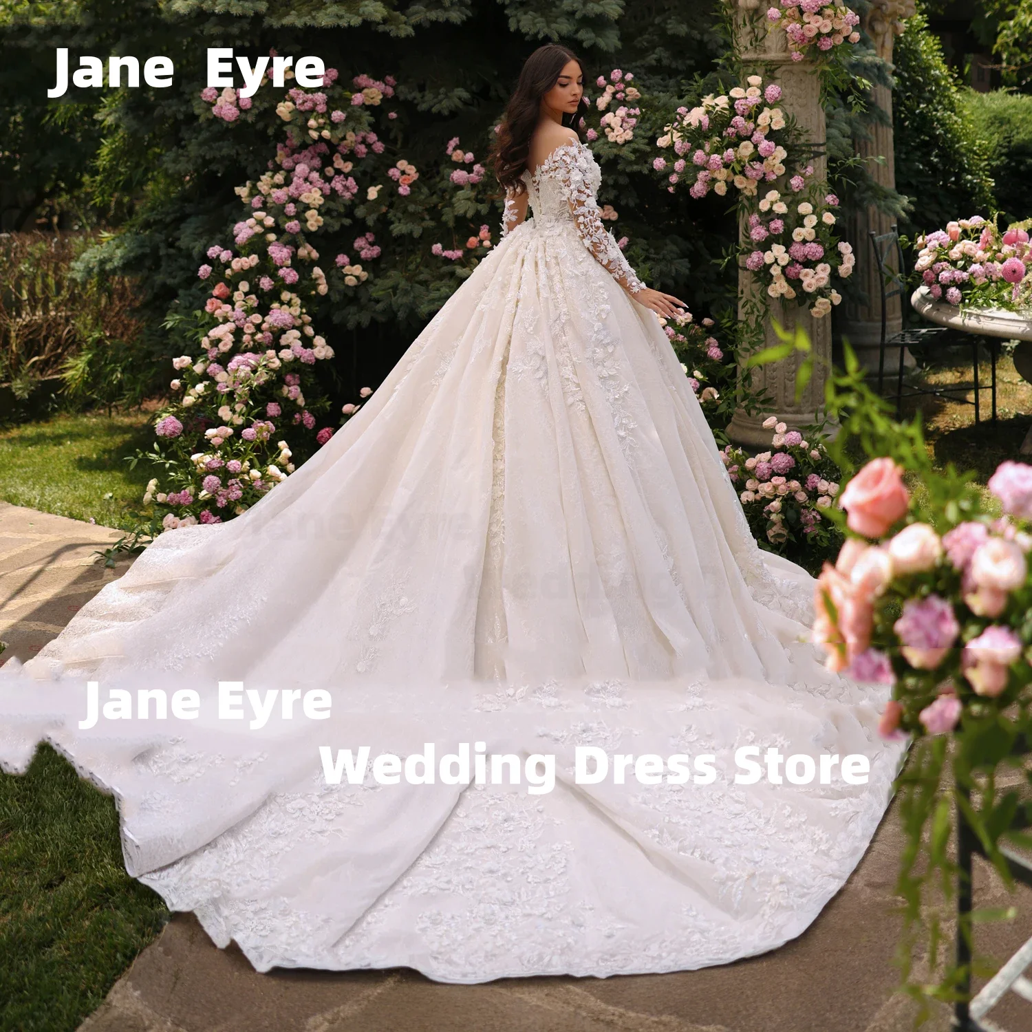Jane eyre colher pescoço manga longa vestido de baile vestido de casamento requintado apliques miçangas flores princesa vestido de noiva personalizado