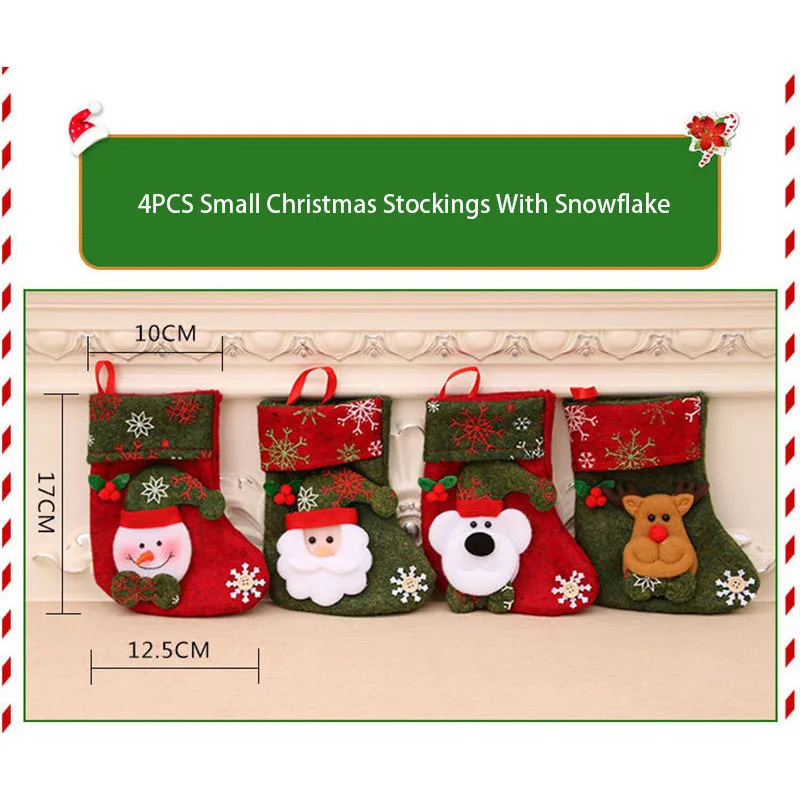 4pcs Small Christmas Stockings Christmas Tree Ornaments Christmas Candy Gift Bag Socks Merry Christmas Santa Claus Snowman Elk B - Image 5