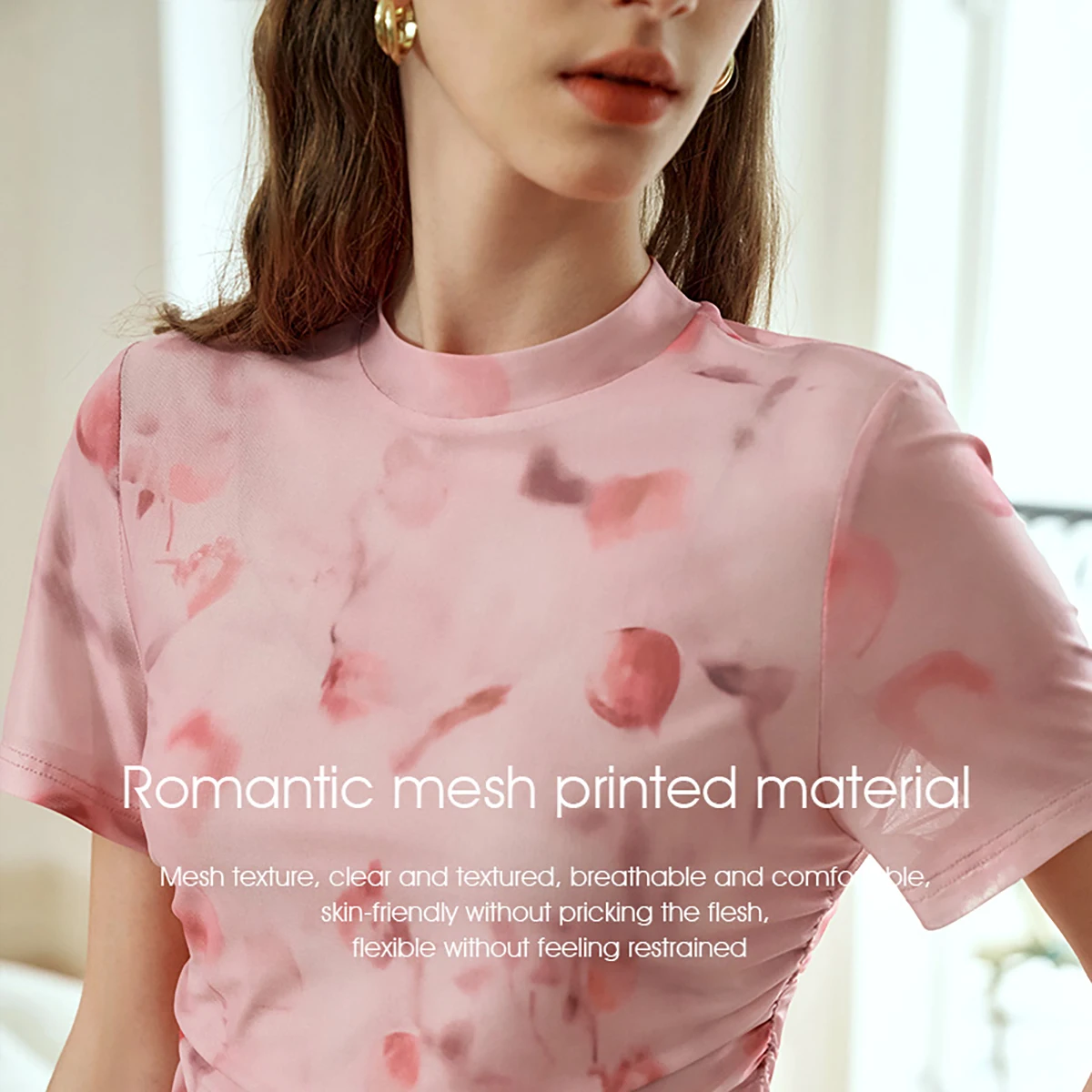 OLrain  Mesh T-shirt Printing Round Neck Shirring Folds Ladies Short Sleeve Straight Tees Top 2025 Summer New O24XT91836