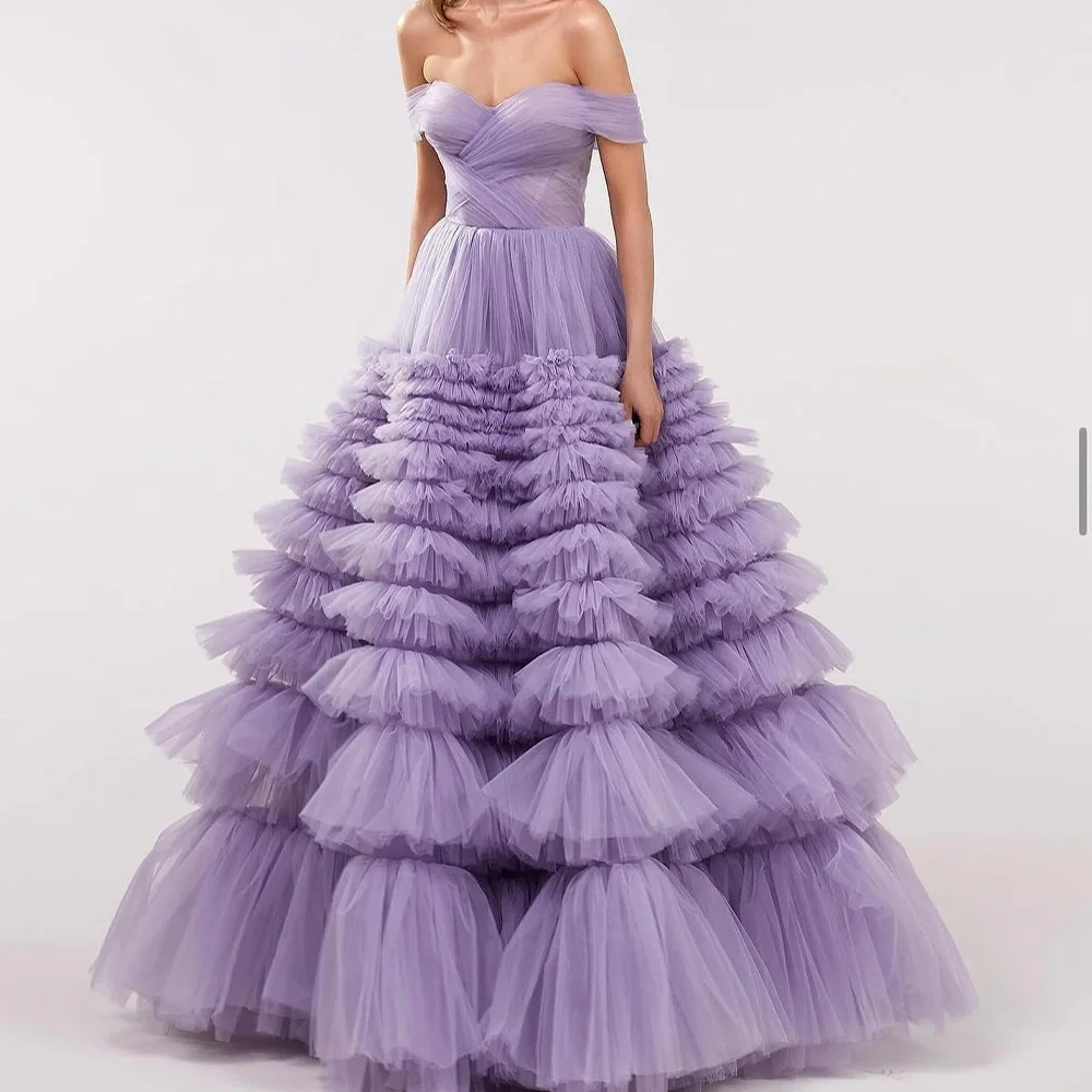 

Customized TemperamentTiered Ruched Boat Neck Floor Length A-Line Bespoke Occasion Gowns Organza Off the Shoulder Lace Up Back ف