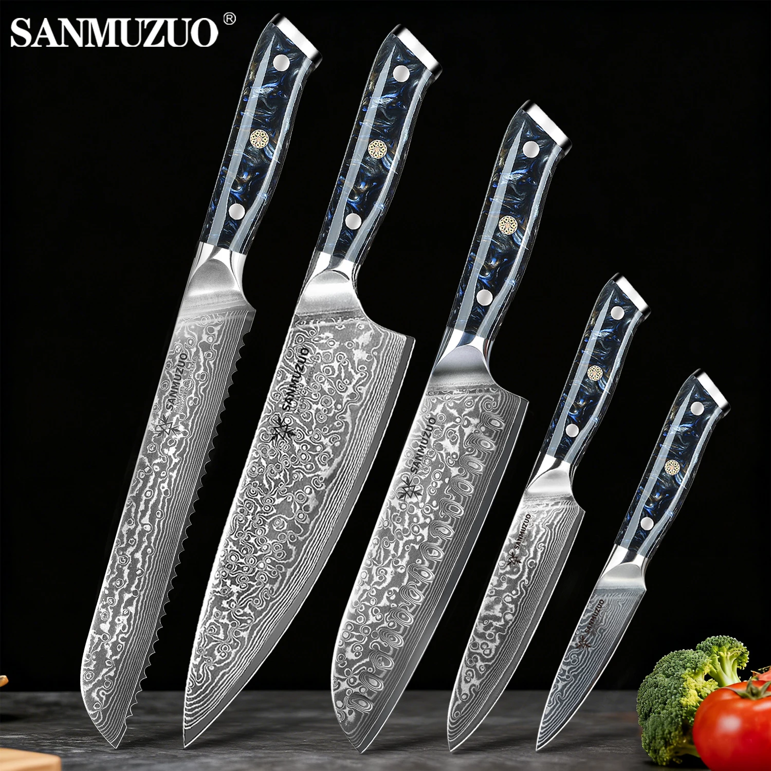 

SANMUZUO 5PCS VG10 Damascus Steel Kitchen Knife Set - Xuan Series Chef Santoku Bread Utility Paring Knives with Resin Handle