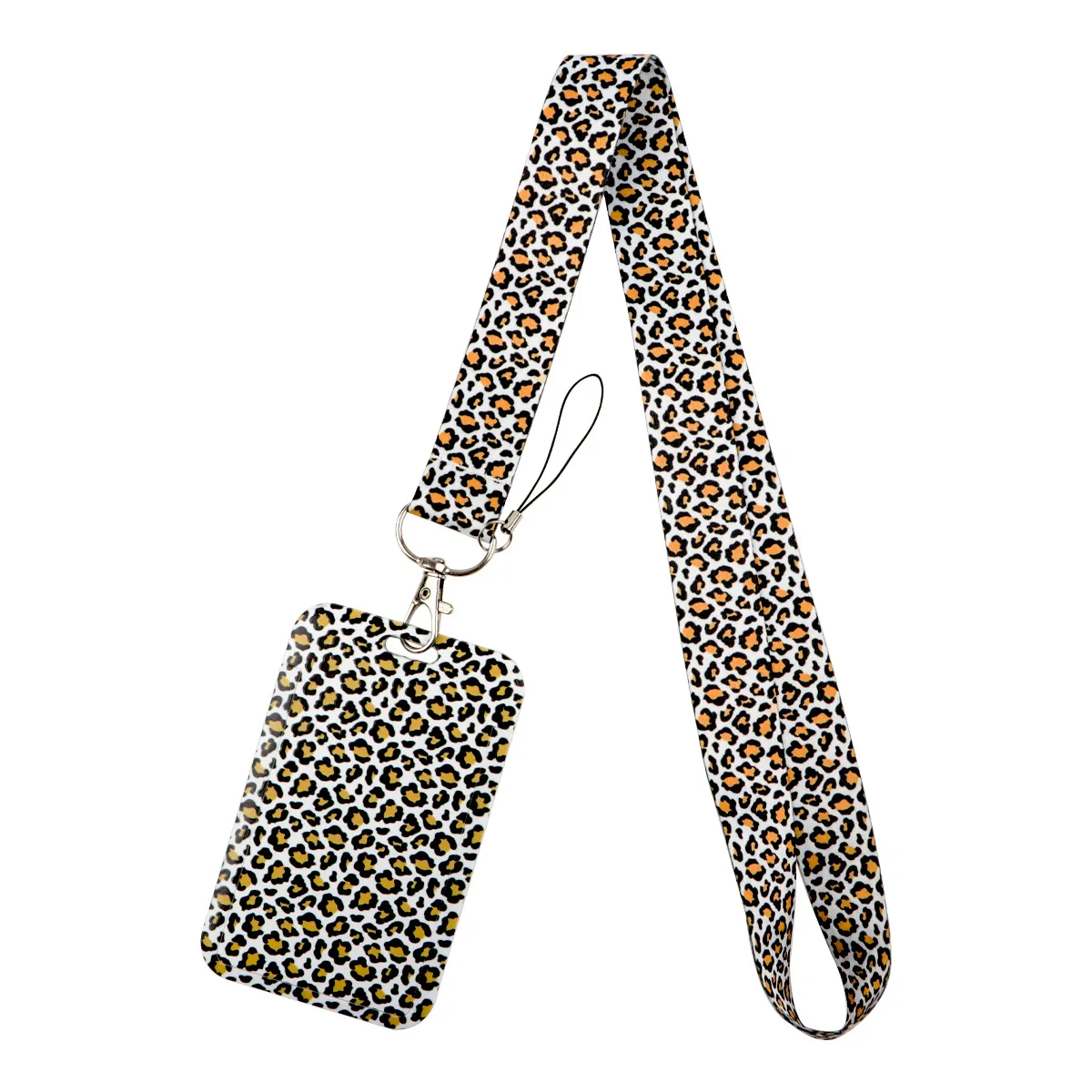 Leopard Pattern Hard Slide Card Holder With Phone Lanyard Keychain Work Badge Student Bus ID Card Protective Sleeve