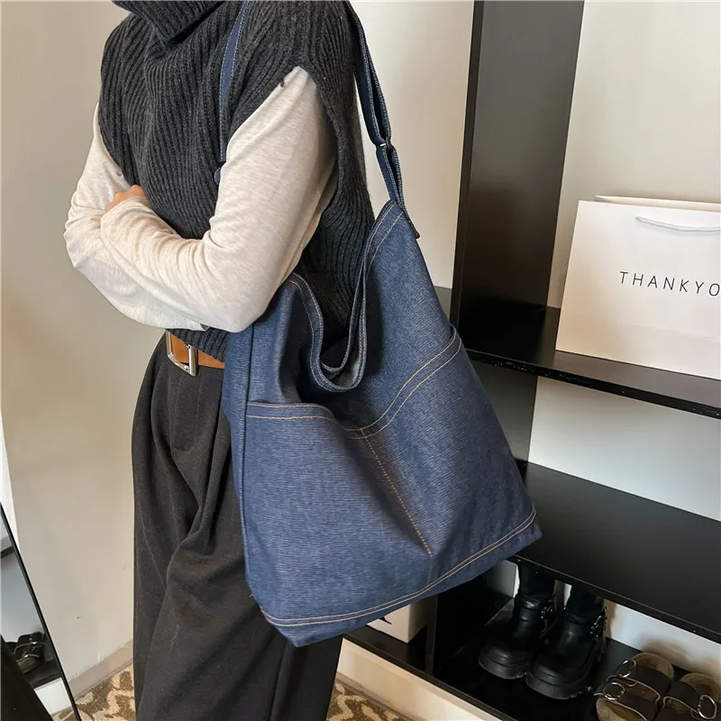 

Retro Blue Denim Women Shoulder Bag New Autumn Winter Large Capacity Office Cowboy Tote Bag New Fashion Simple Crossbody Bag