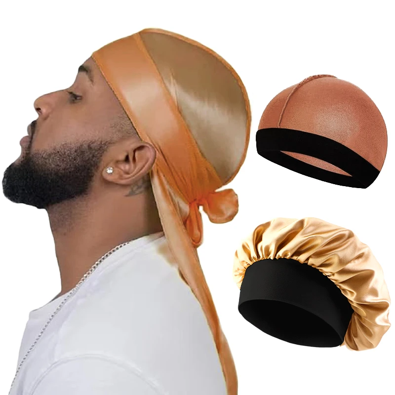 3 TEILE/LOS Frauen Männer Seidige Durag Lange Schwanz Piraten Hut Elastische Motorhaube Turban Dome Kappe Unisex Bandanas Schlafen Dusche Kappe Kopf wickeln – Detail 8