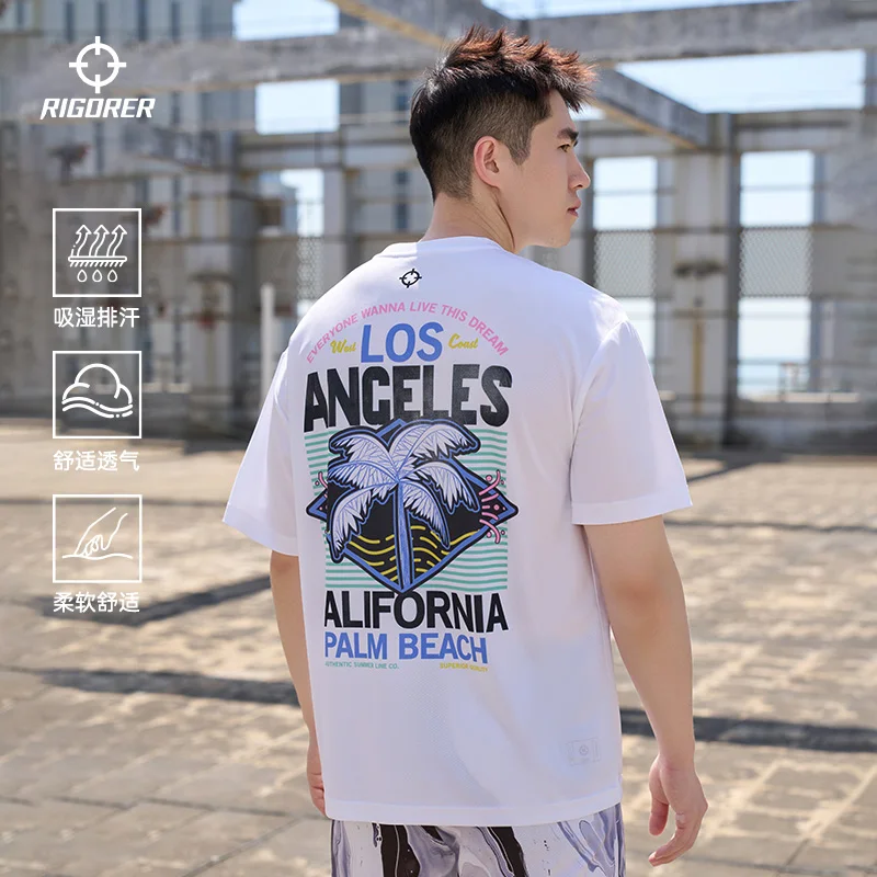 

RIGORER Coconut tree short sleeved Reeves sport short sleeved summer men's printed white street breathable half sleeved Top