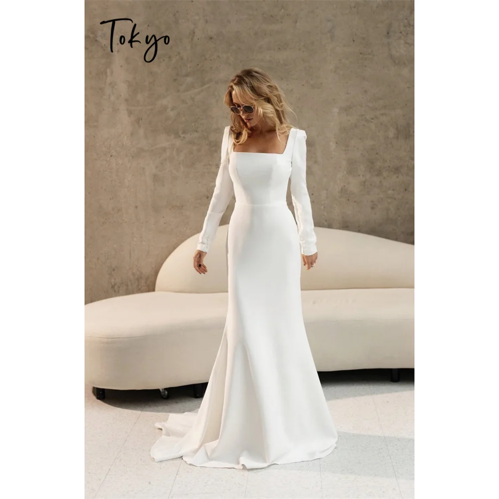 

Элегантное свадебное платье-русалка из атласа цвета экрю с квадратным вырезом, длинными рукавами, застежкой-молнией и шлейфом для вечерних мероприятий, модель Tokyo