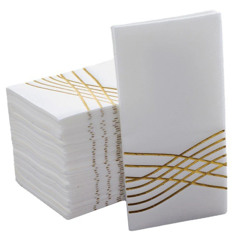 25/50Pcs Metallic Foil Stamped Line Napkins Paper Disposable Folding Hand Towels For Birthday Wedding Banquet Party Decorations