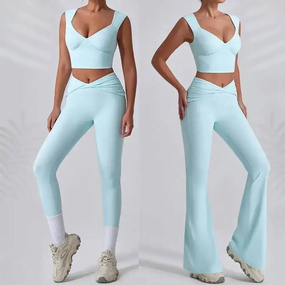 

Женский комплект для йоги, штаны для тренировок, спортивная одежда Fiess, спортивный костюм для спортзала, расклешенные леггинсы с высокой талией, спортивный бюстгальтер, спортивная одежда