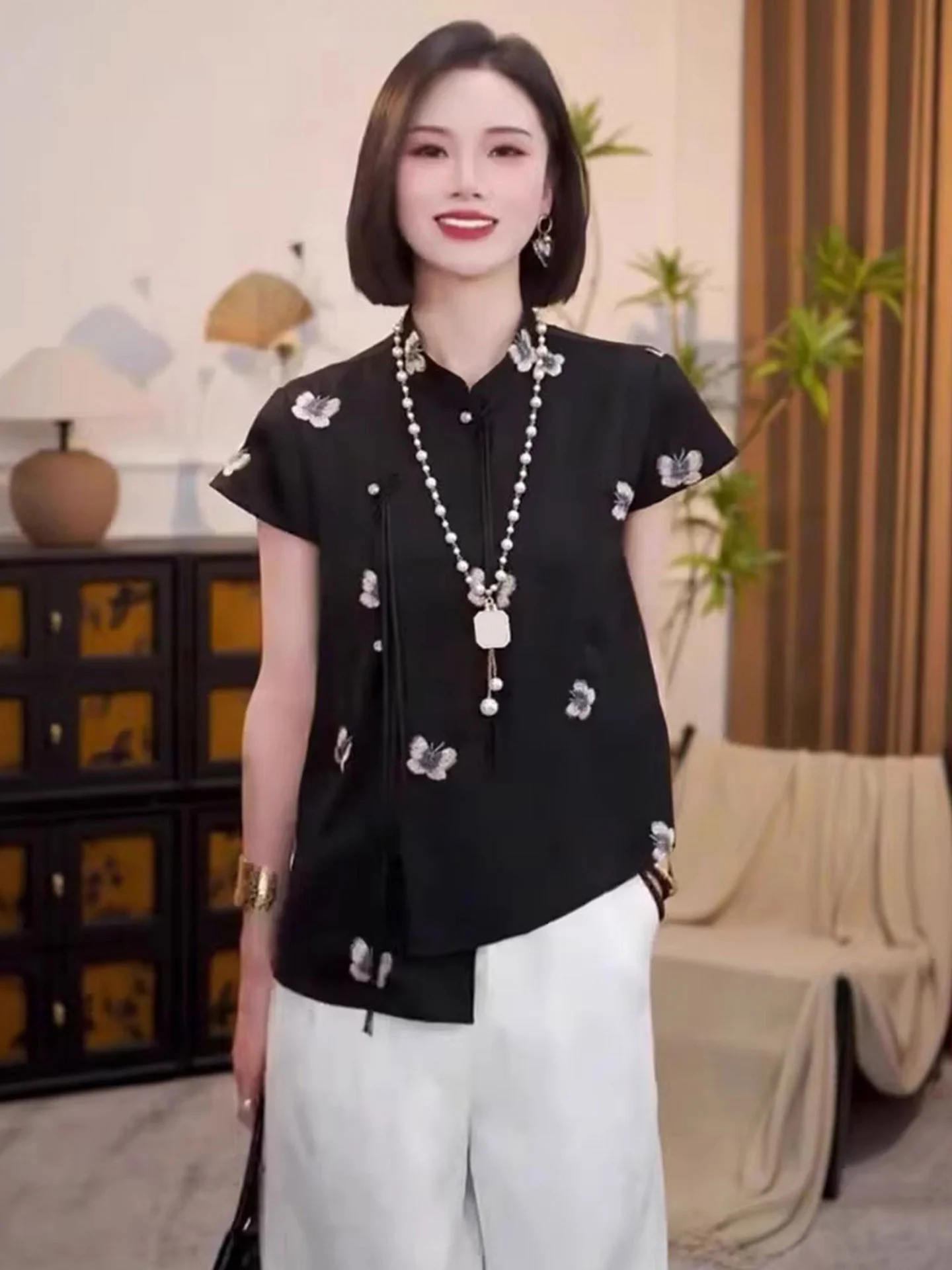 

Шелковый топ с принтом и коротким рукавом для женщин, корейский стиль, на пуговицах, прямого кроя, для повседневной носки, летняя мода