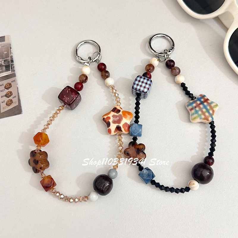 

INS Cute Color Star Flower Beaded Mobile Phone Lanyard For iPhone Bag Universal Accessories Handheld Chain Short Wrist Lanyard