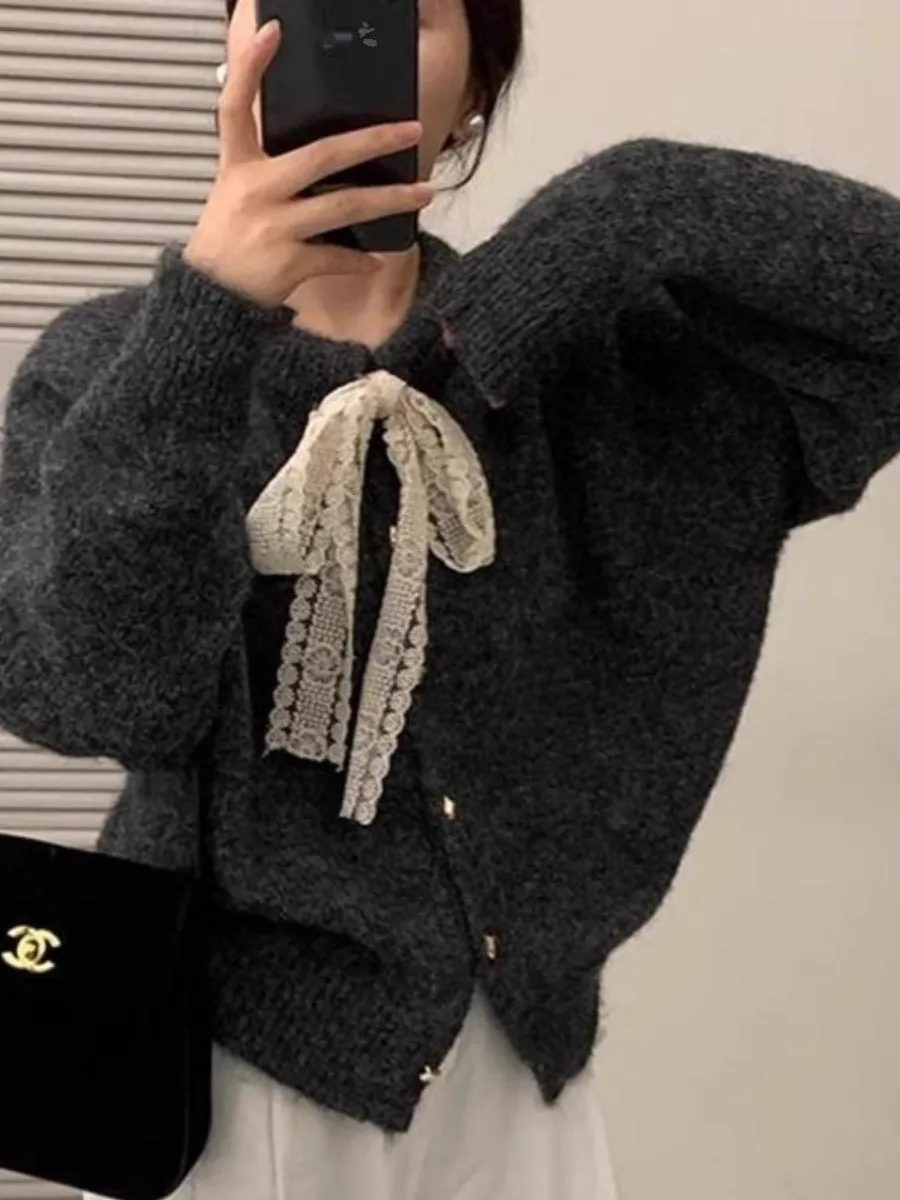 

Korean Sle Soft Lace Knot Sweater Cardigan Women's Autumn Winter Versatile Knitted Outerwear Loose Fit Long Sve