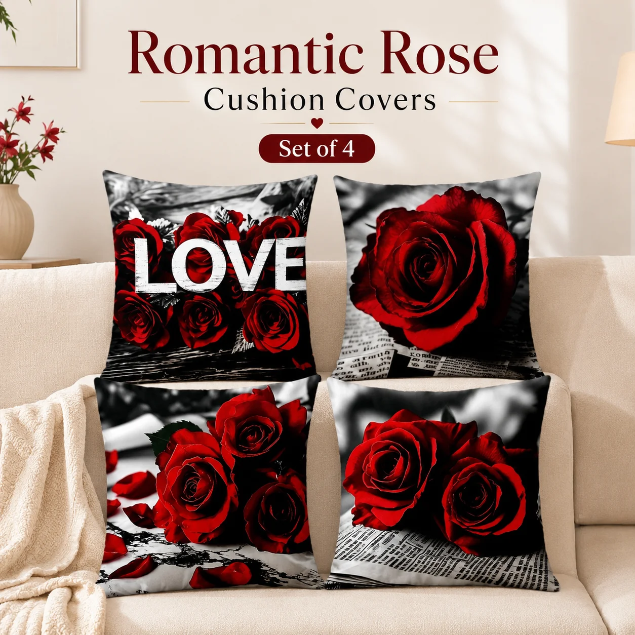 

Set Of 4 Romantic Rose Cushion Covers 2D Flat Printed Peach Skin Coussin Room Decor Pillowcases For Bedroom Couch Home