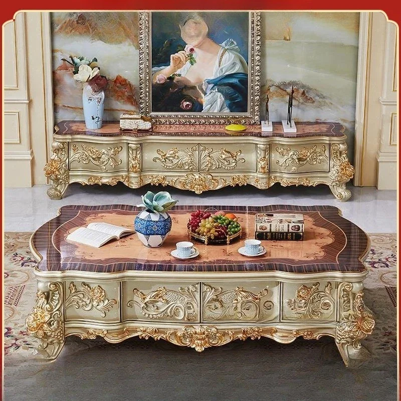 European style all solid wood TV cabinet with tree knots and flower patterns, champagne gold on the surface