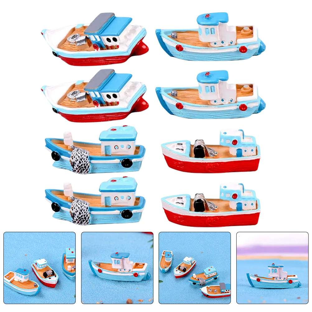 8 Pcs Cruise Ship Mediterranean Fishing Boat Child Toy Kits Resin House Ornament