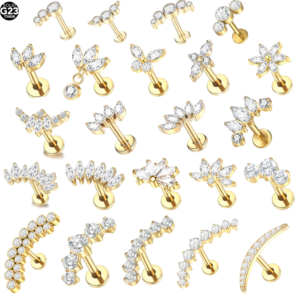 1Pc G23 Titanium Zircon Labret Lip Ring Ear Stud Ear Tragus Cartilage Helix Piercing Internal Thread Earrings dla kobiet 16G