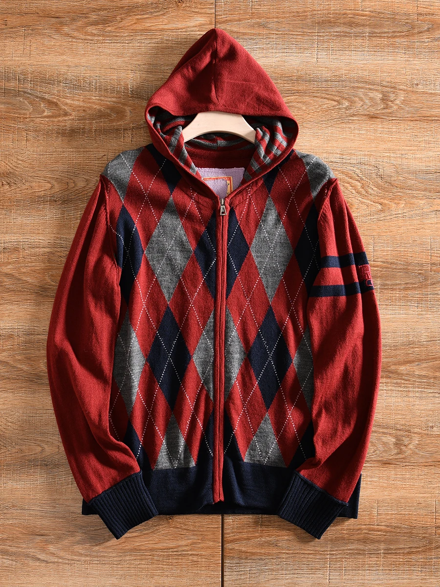 Diamond Pattern Knitted 87 Wool Men's Casual Hoodie Cardigan Spring Autumn Fashionable Long Sleeve Coat Loose Fit Youthful