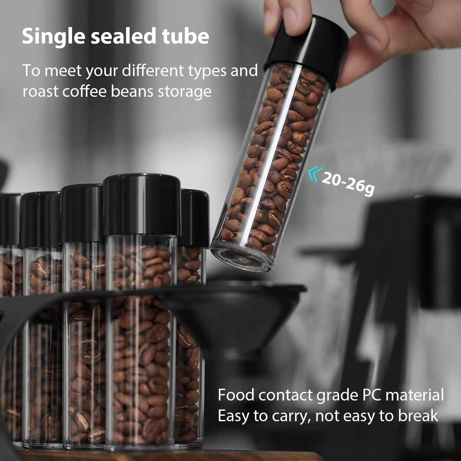 MHW-3BOMBER Single Dose Coffee Bean Storage Tubes 20-26g One-Way Exhaust Valve Spice Tea Containers with Funnel Art Rack Decor