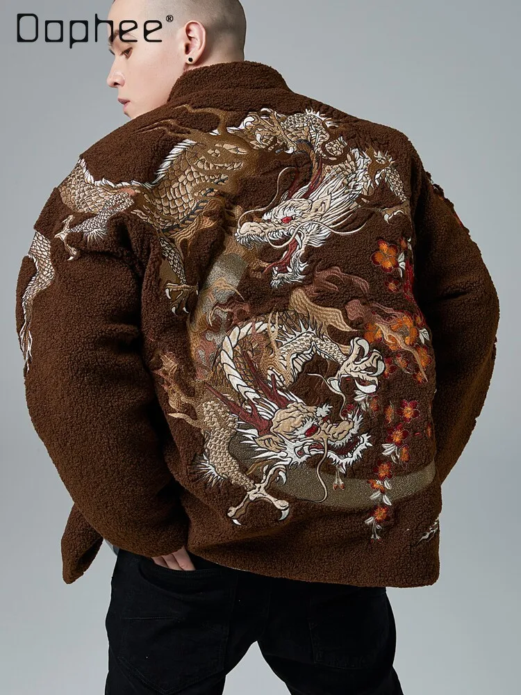 

Chinese Style Dragon Embroidery Fleece Jacket Winter Loose Brown Cozy Coat Retro Jacket for Mens Black Not Lamb Fleece