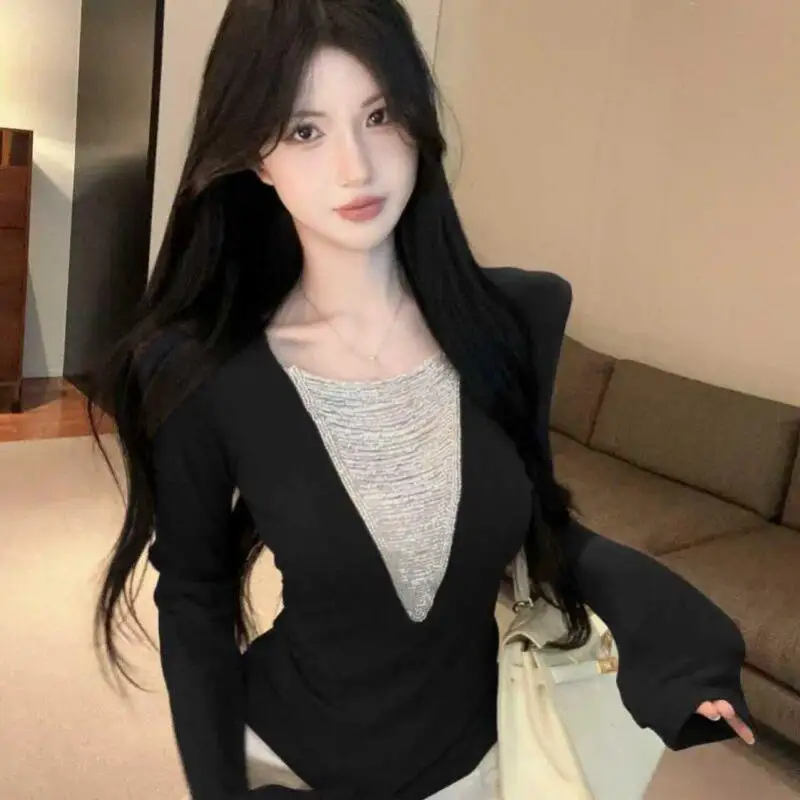 

Модные топы принцессы Kawaii, сексуальная повседневная женская одежда, футболка с v-образным вырезом и длинными рукавами, женская футболка с вышивкой из бисера, элегантный базовый слой