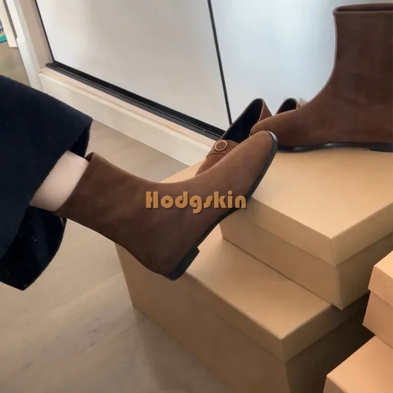 

Suede Square Toe Flat with Ankle Boots Retro Solid Back Zipper Leather Chunky Heels Short Boots 2024 Women Causal Shoes Brown