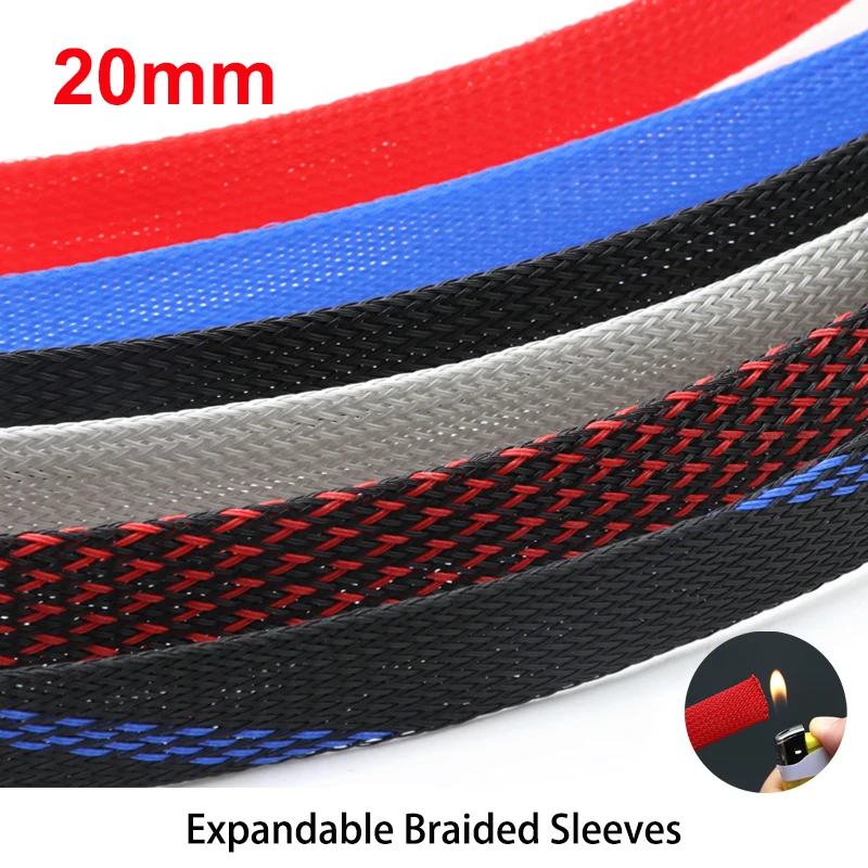 

2/5/10/20/50m Braided Sleeves 20mm Cable Management Protection High Density PET Wire Cover Snake Skin Braided Sheath For Cables