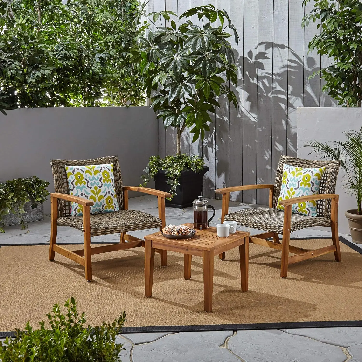 Outdoor 3 Piece Wood and Wicker Club Chairs and Side Table Set