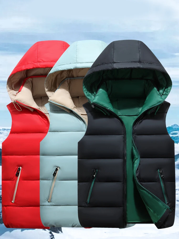 

Winter Hooded Vest Women Warm Down Cotton Sleeveless Jacket Lady Casual Zipper Detachable Hat Coat Female Fashion Couple Vest