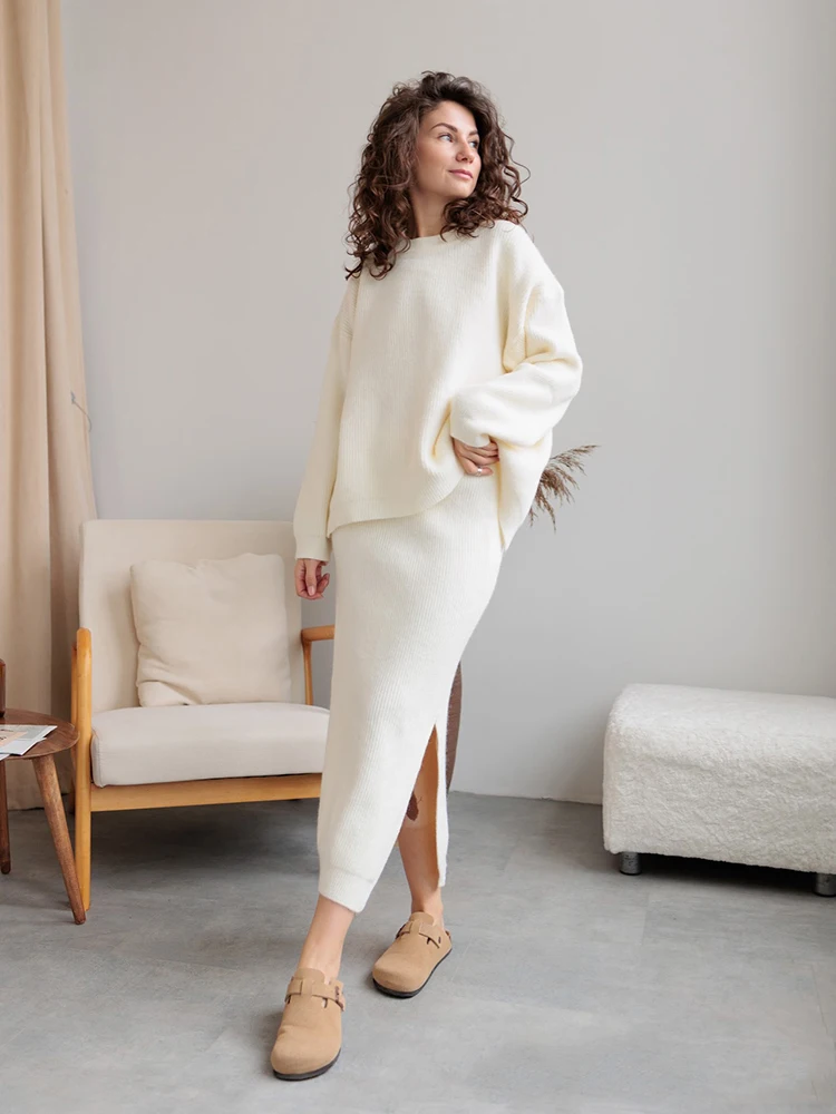 Women Knitted Outfits Long Sleeves O-neck Sweater+High Waist Side Split Skirts Suit Spring Autumn Lady Casual Knit Two-piece Set