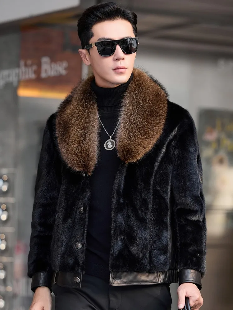 New Business Casual Mens Keep Warm Sing Breasted Jacket Overcoat Mink Fur Collar Winter Coat Slim Fit Designer Men Short Style