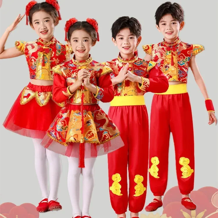 

Летние детские комплекты, костюмы для выступлений, костюм для маленьких девочек, праздничная сценическая одежда для мальчиков, красный комплект из двух предметов для косплея, детский комплект