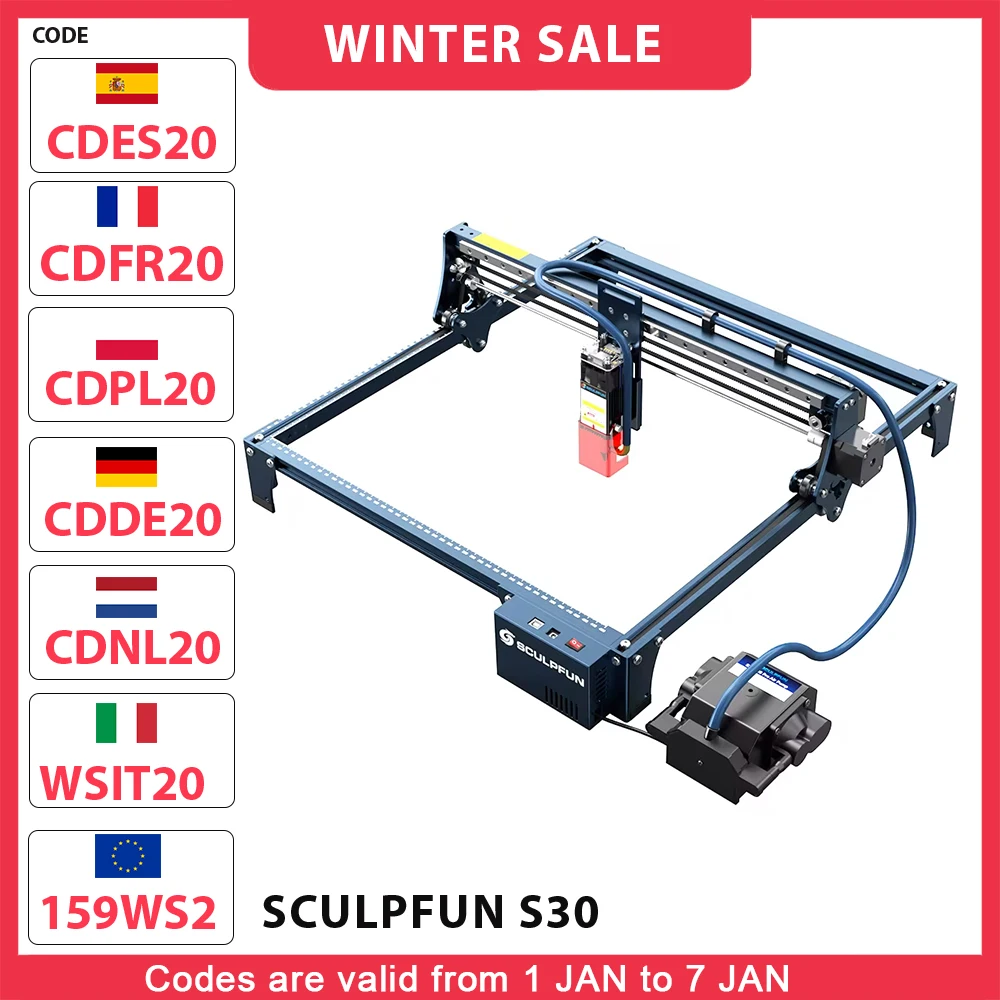 SCULPFUN S30 5W Laser Engraver Cutter Automatic Air-assist 0.06*0.06mm Laser Focus 32-bit Motherboard Engraving Size 410*400mm