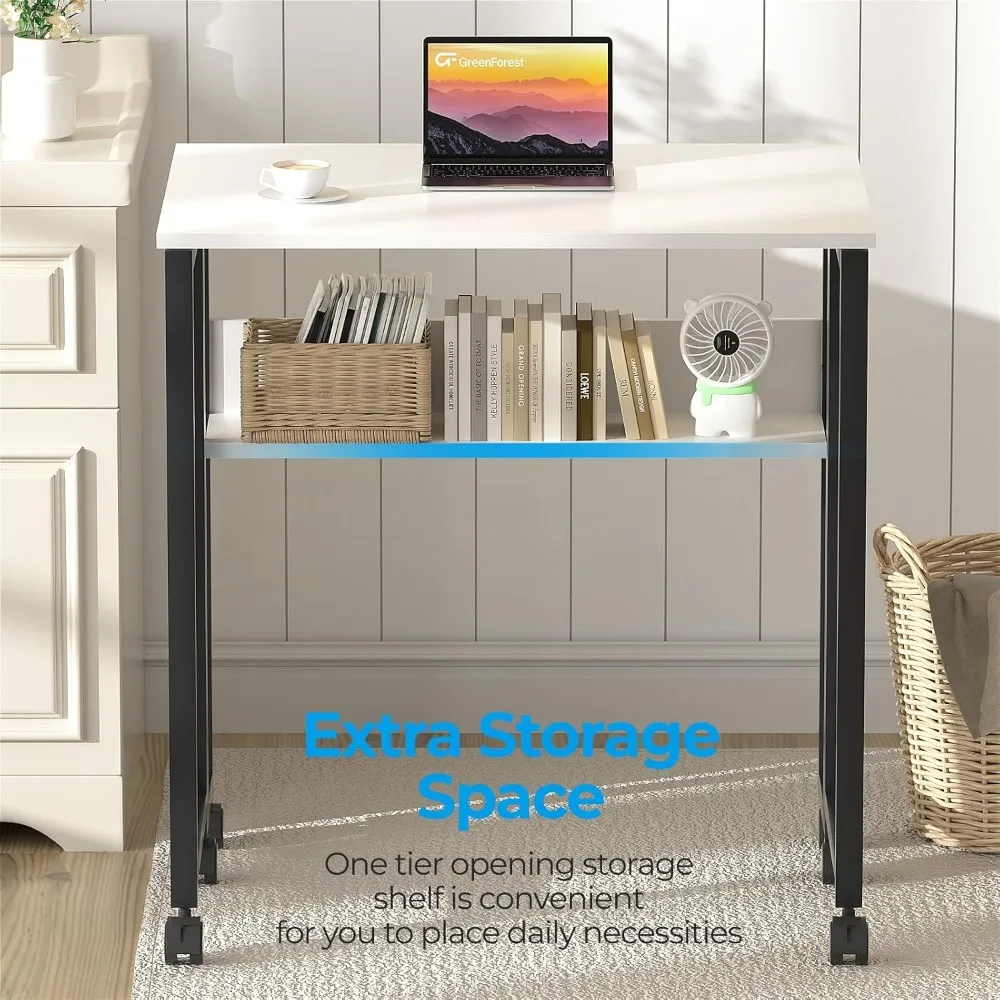 مكتب دوار مدمج مع رف تخزين - مكتب كمبيوتر قابل للطي مقاس 24.8 بوصة للمساحات الصغيرة وسهل التجميع.