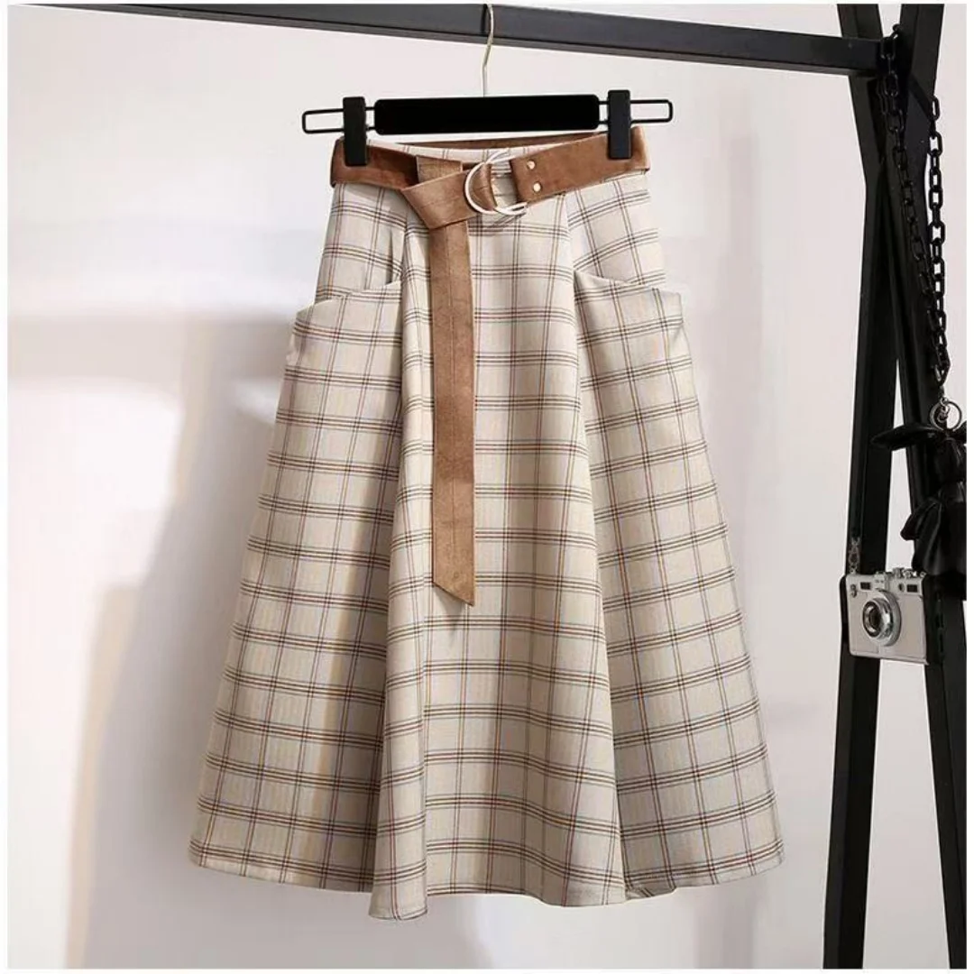 

RAIN YAN LIN Hong Kong Style Retro Plaid Half Skirt Women Summer New High Waist Slim A-Line Skirts Versatile Office Lady Skirts