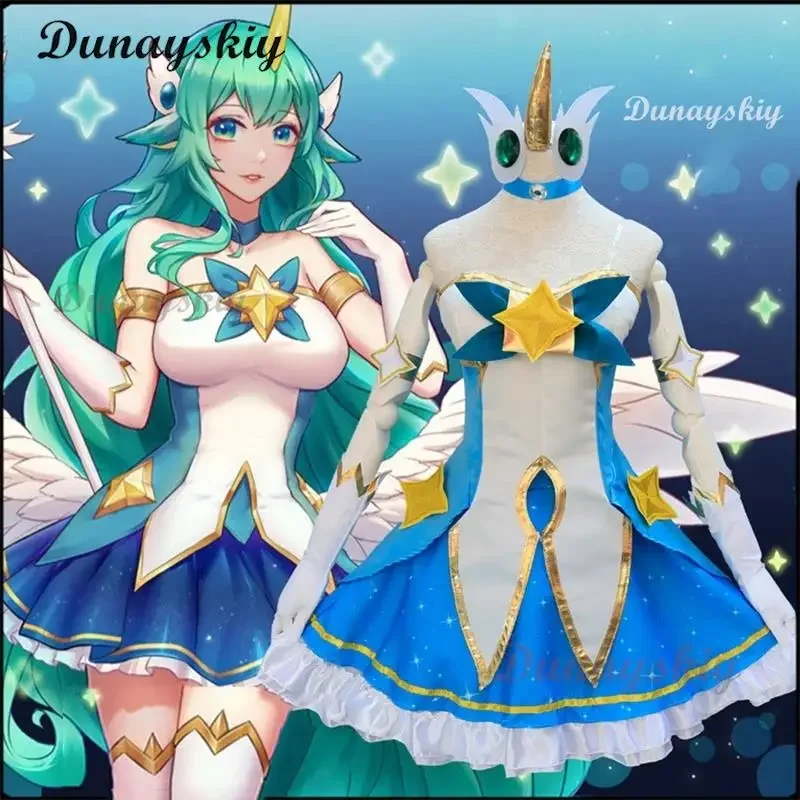 Disfraz de Cosplay del juego LOL Star Guardian of Soraka para mujer, peluca Starchild, orejas de cuerno, vestido de Lolita de Anime, traje verde Sexy para Halloween