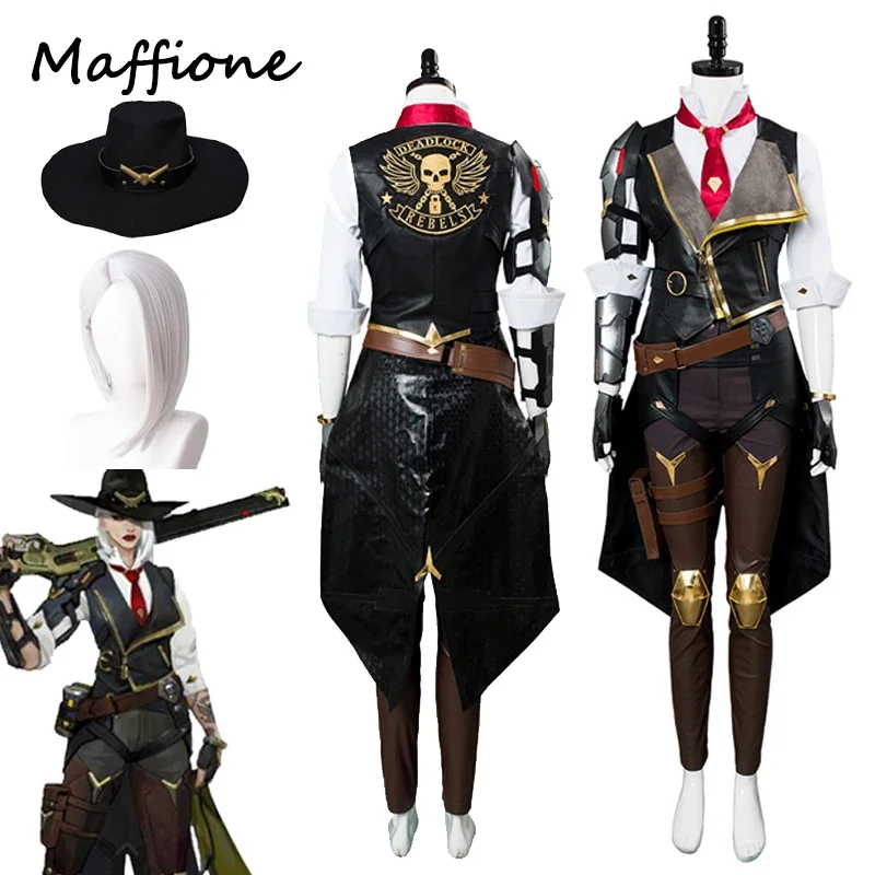 RT01 OW Ashe Косплей Аниме Костюм Топ Брюки Шляпа Комплект Одежды Наряд Взрослых Женщин Ролевая Униформа Женский Хэллоуин Карнавал & Gf1