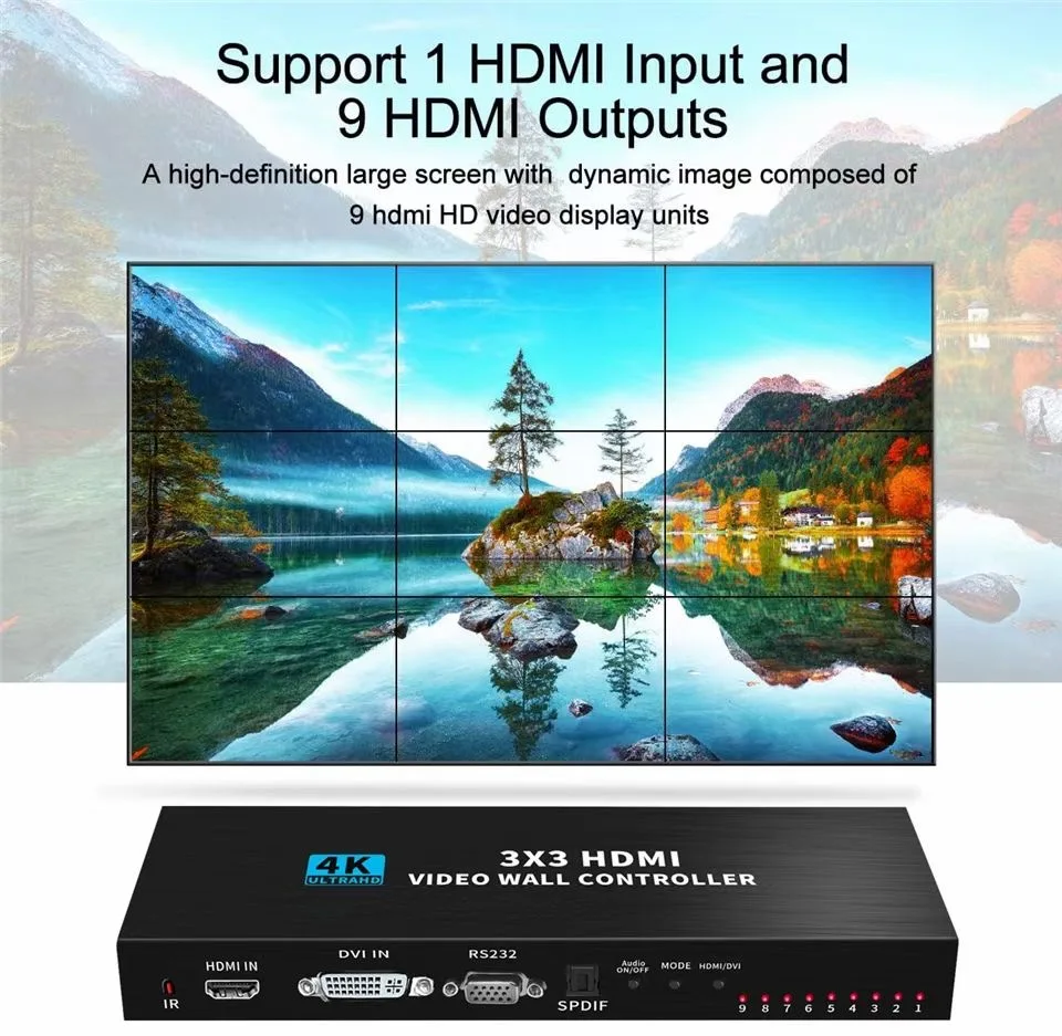 4K 3x3 Video Wall Controller 9 Output HDMI Splicer Multi-Screen Splicing Processor Support 1080P HDCP 1.4 TV Wall Display Switch