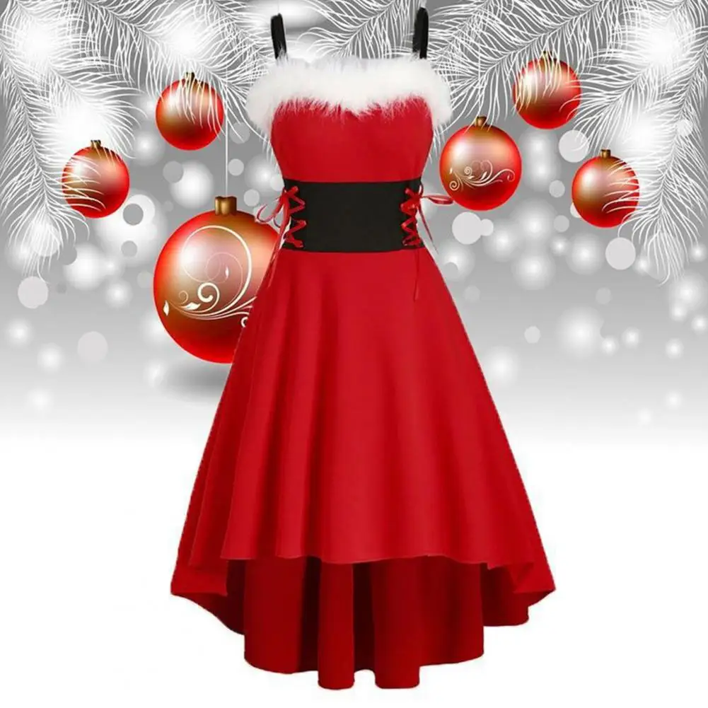 Christmas Dress Vintage High Low Hem Xmas Dress Sleeveless Plush Collar Bandage Women Dress New Year Party Festival Costume