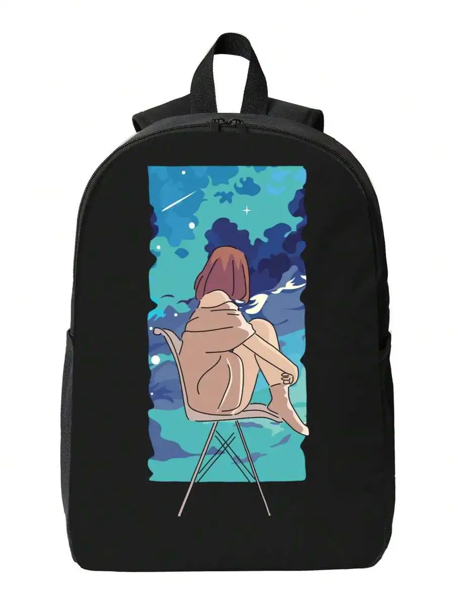 

Stylish Black Backpack With Art Print, Laptop Compartment For 15 Inch Devices