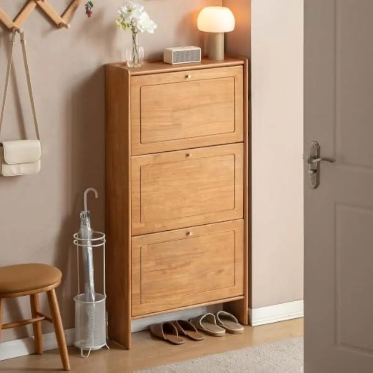 Solid Rubberwood Shoe Cabinet Fully Assembled No Assembly Needed Ultra Slim 7.9 Inch Depth Fits Tight Spaces 3 Tier Tilt Out Des